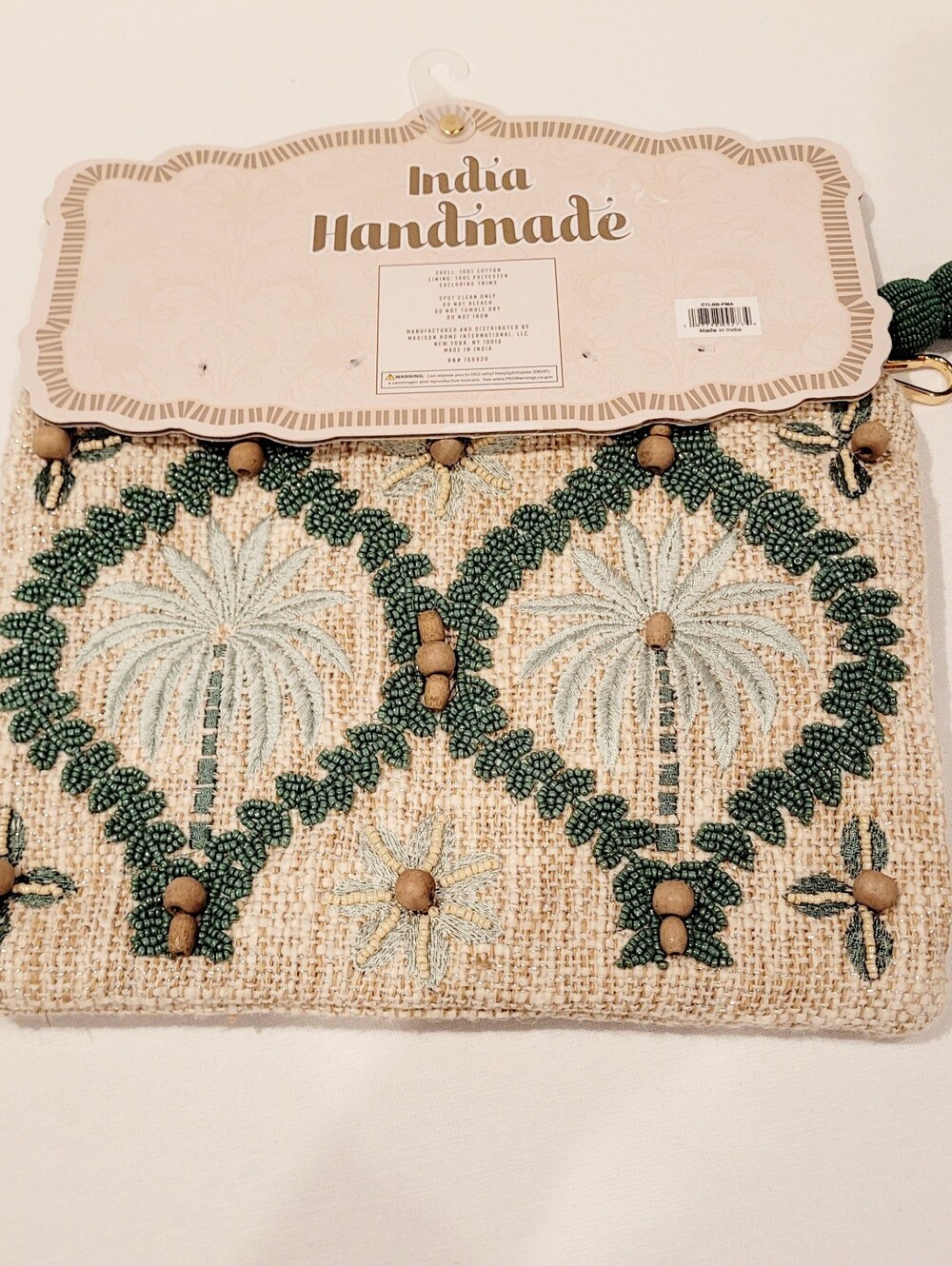 Handmade Beaded Palm Clutch - Beige & Green - Picture 2 of 3